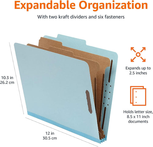 Classification Folder with Prongs, 100% Recycled, 2 Dividers, 2" Embedded Fasteners, Letter Size, for Documents Organization, pk of 10