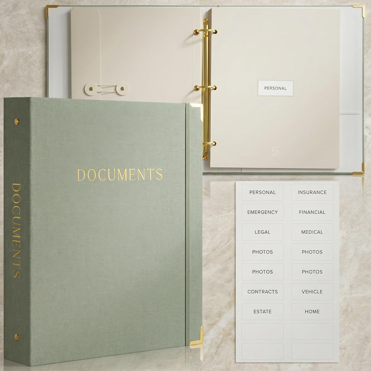 Important Document Organizer Set with Folders - Complete Linen Ring Binder
